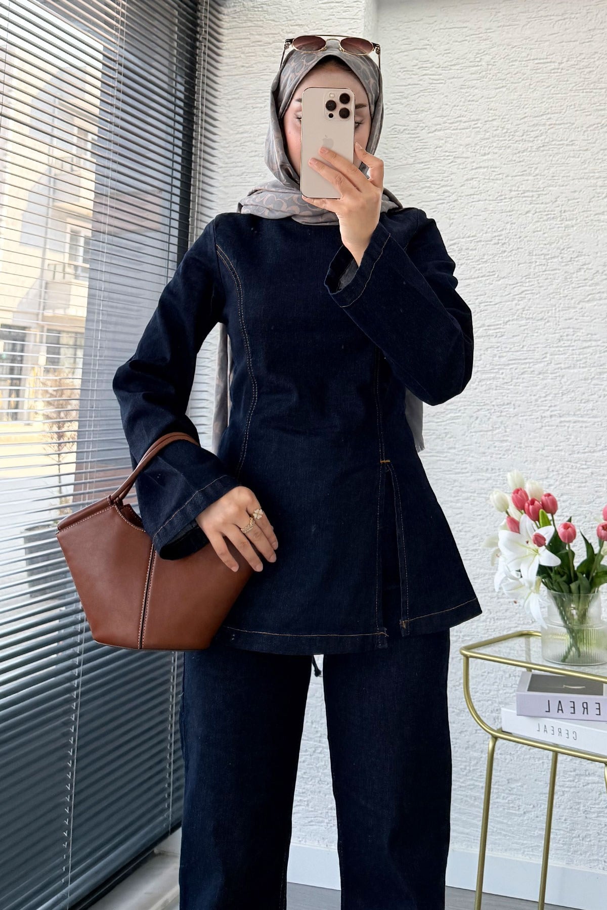 Premium Yandan Yırtmaç Detaylı  Denim Pantolon Takım -Koyu Mavi