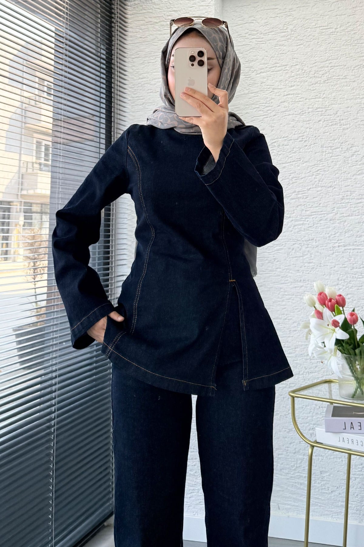 Premium Yandan Yırtmaç Detaylı  Denim Pantolon Takım -Koyu Mavi