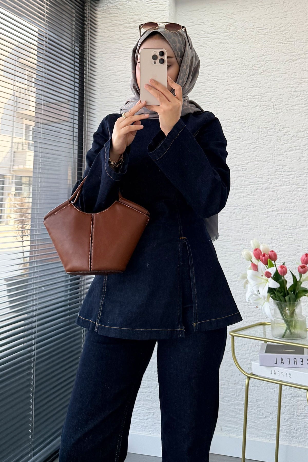 Premium Yandan Yırtmaç Detaylı  Denim Pantolon Takım -Koyu Mavi