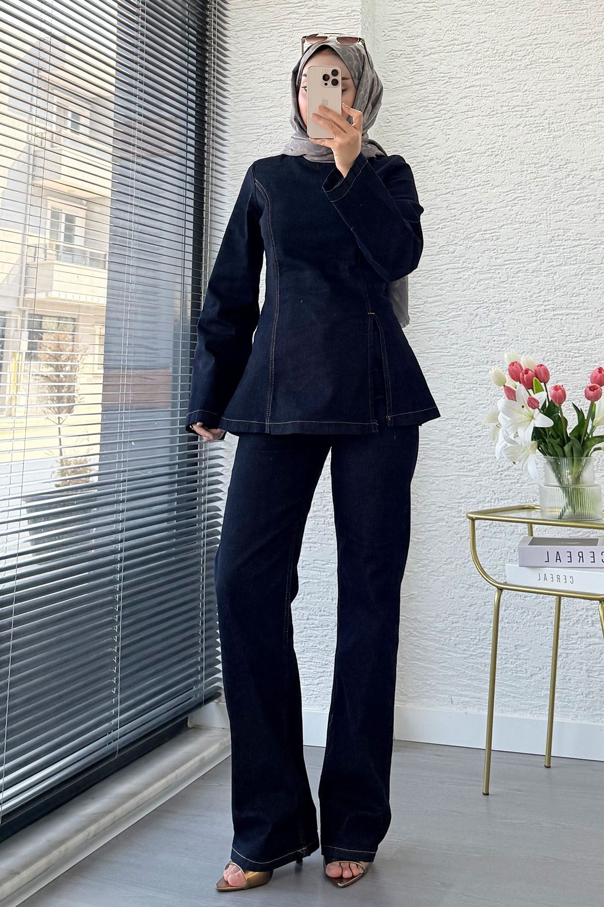 Premium Yandan Yırtmaç Detaylı  Denim Pantolon Takım -Koyu Mavi