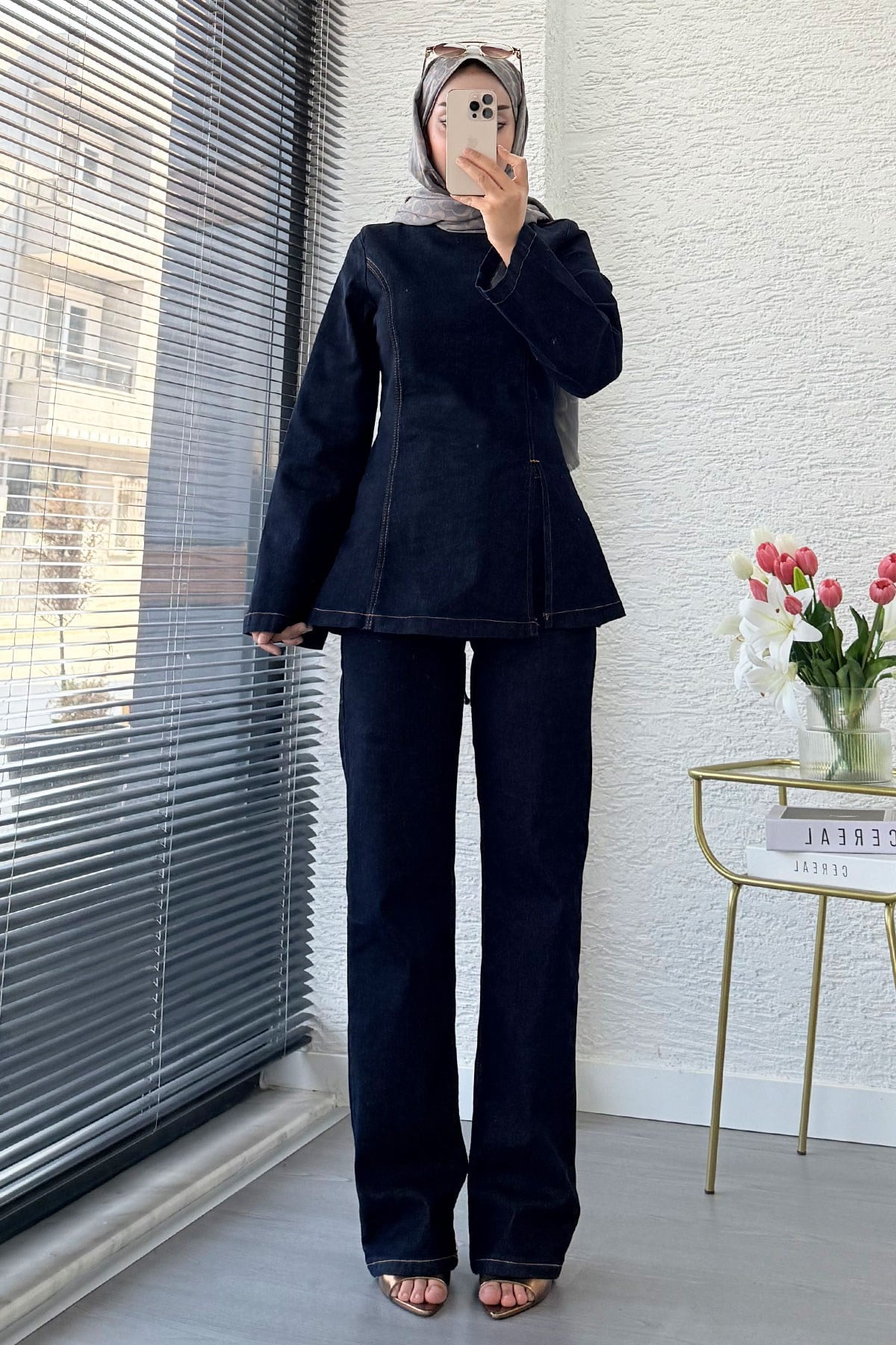 Premium Yandan Yırtmaç Detaylı  Denim Pantolon Takım -Koyu Mavi