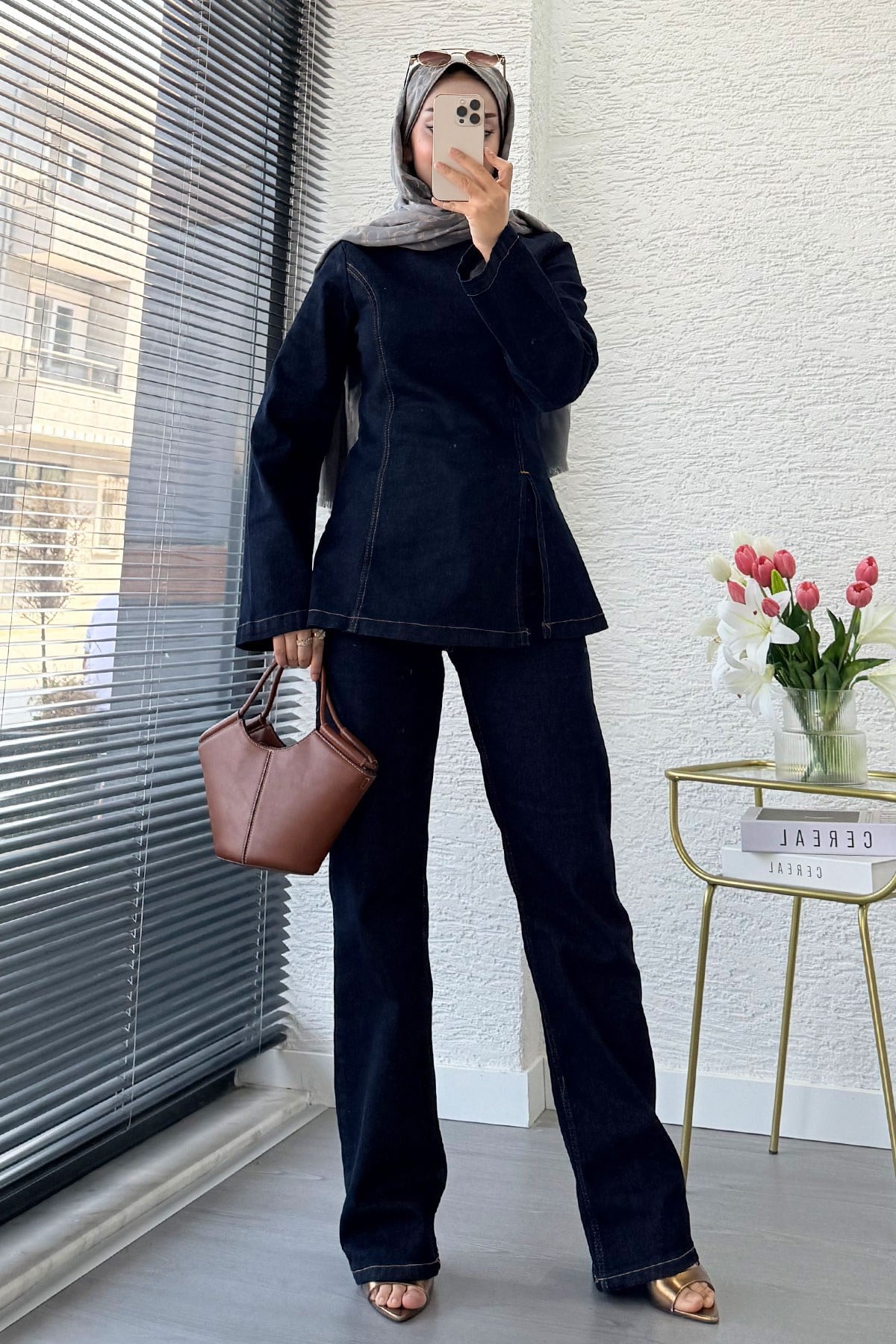Premium Yandan Yırtmaç Detaylı  Denim Pantolon Takım -Koyu Mavi