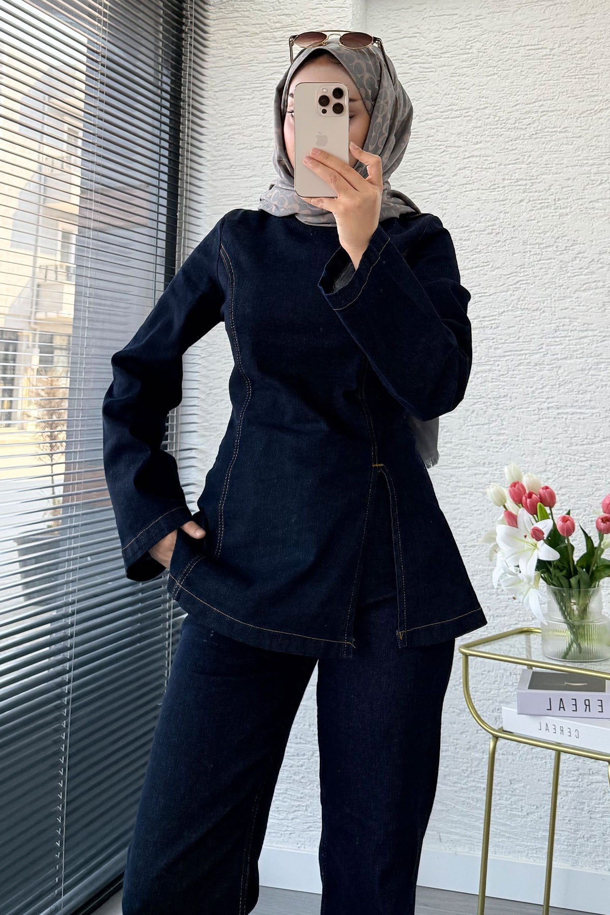 Premium Yandan Yırtmaç Detaylı  Denim Pantolon Takım -Koyu Mavi