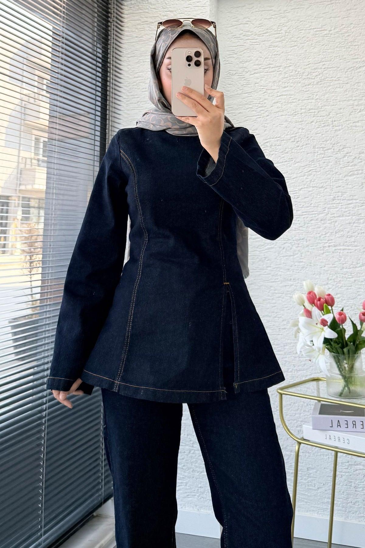 Premium Yandan Yırtmaç Detaylı  Denim Pantolon Takım -Koyu Mavi