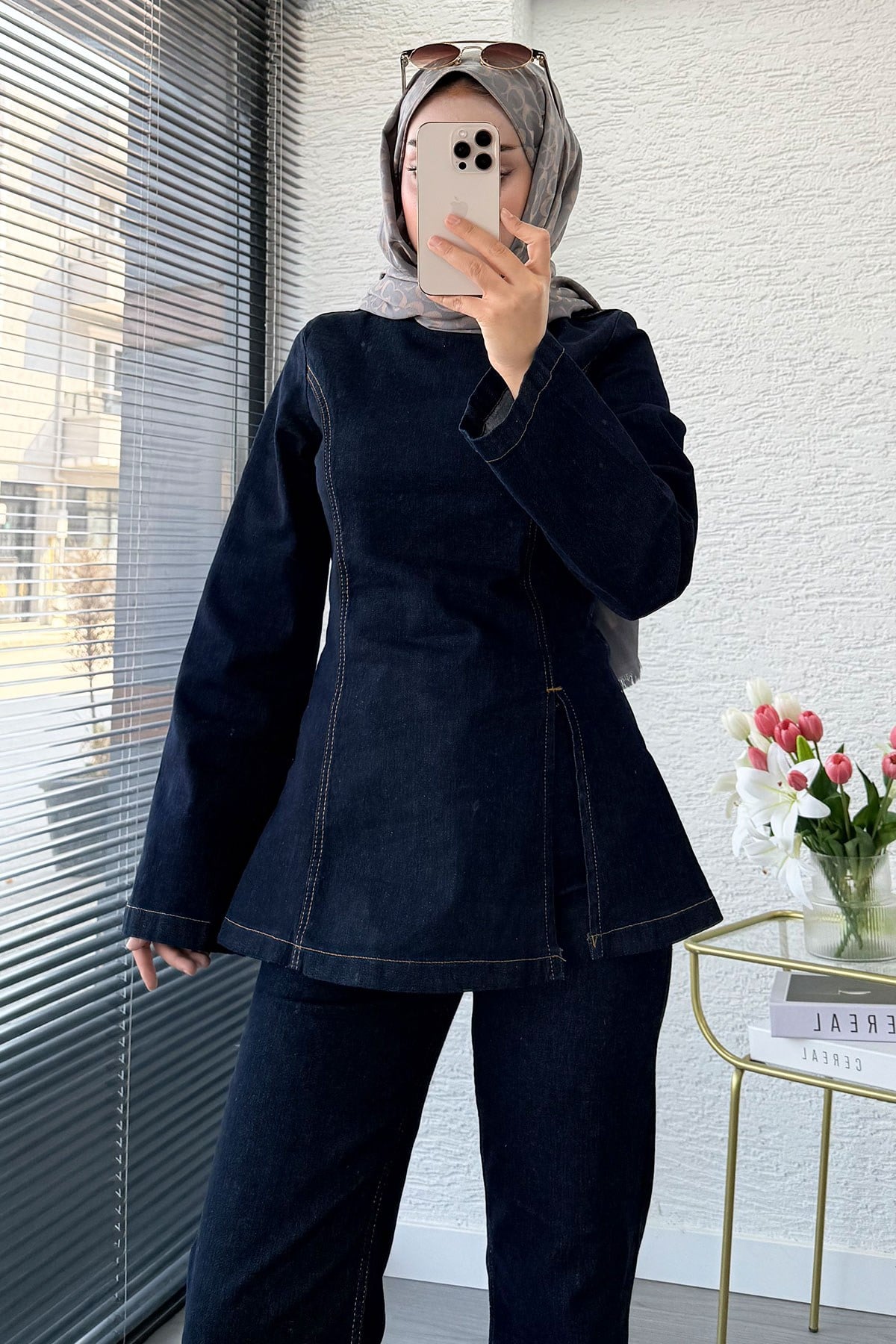 Premium Yandan Yırtmaç Detaylı  Denim Pantolon Takım -Koyu Mavi