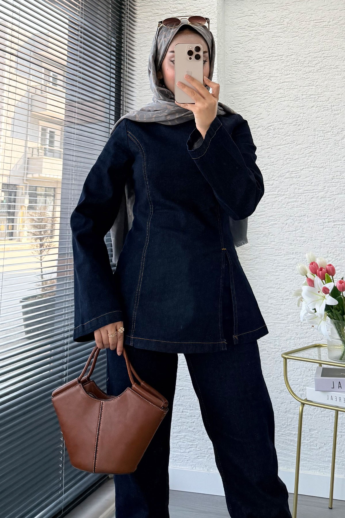 Premium Yandan Yırtmaç Detaylı  Denim Pantolon Takım -Koyu Mavi