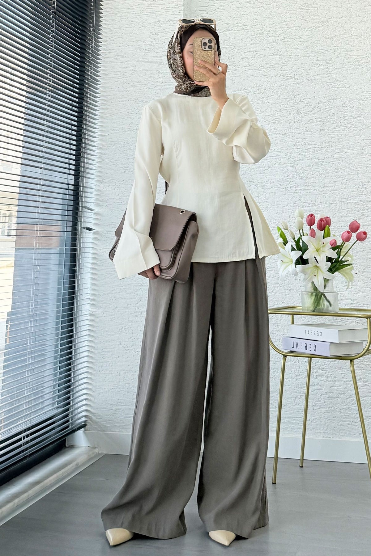 Premium Yandan Yırtmaç Detaylı Tunik - Ekru