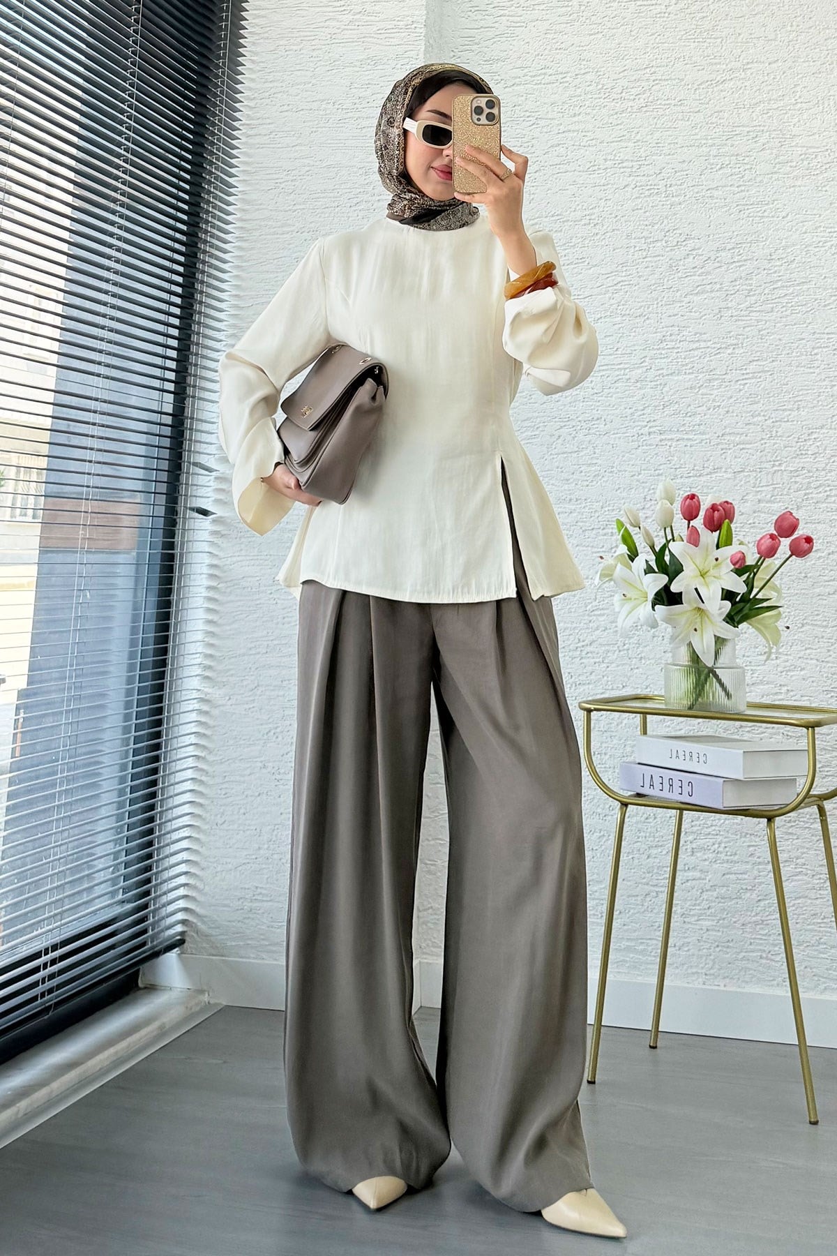 Premium Yandan Yırtmaç Detaylı Tunik - Ekru