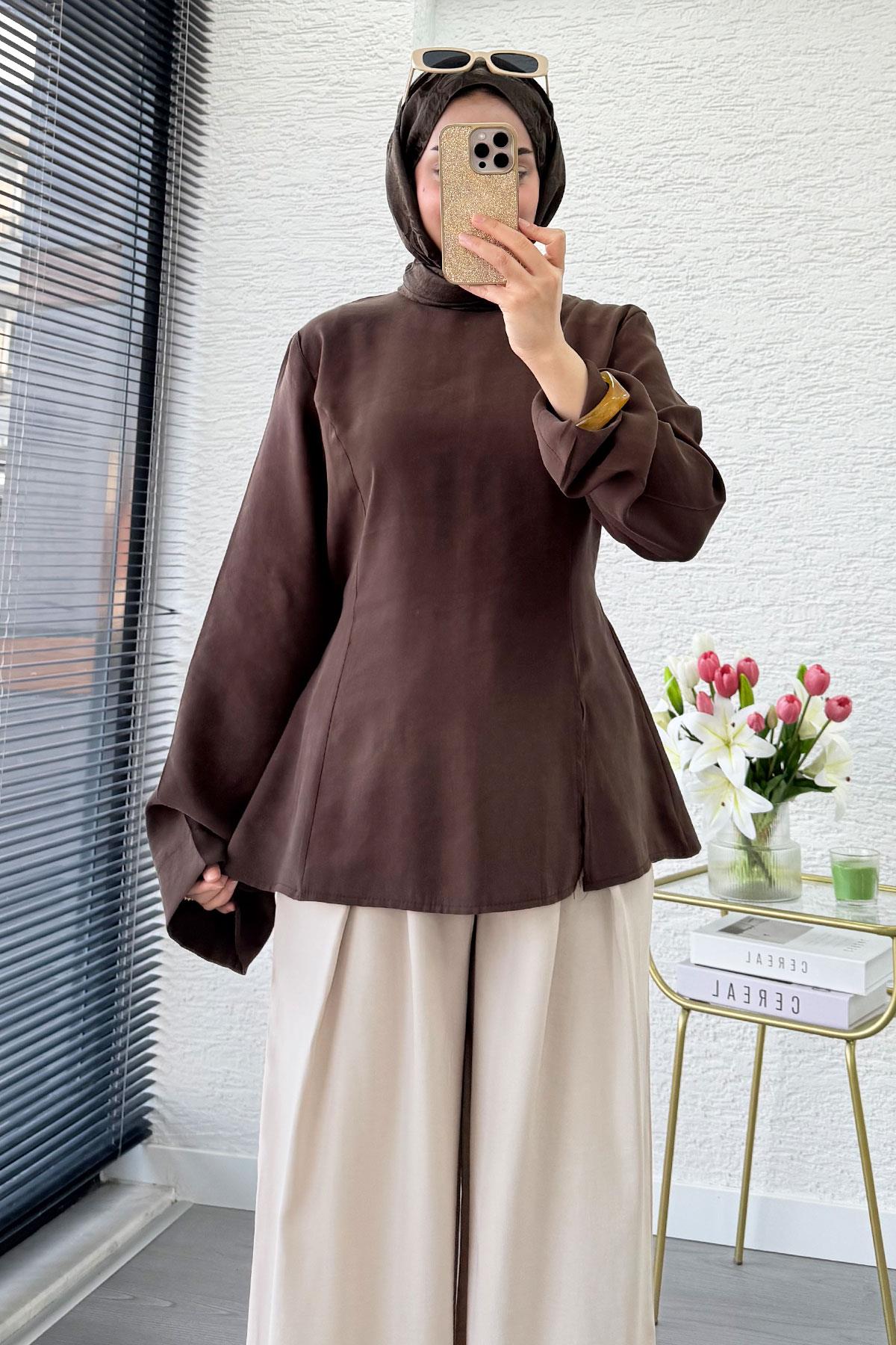 Premium Yandan Yırtmaç Detaylı Tunik - Kahverengi