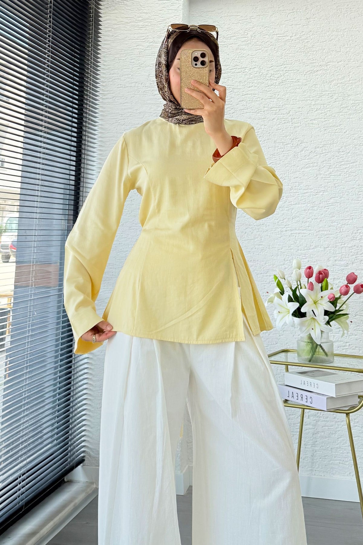 Premium Yandan Yırtmaç Detaylı Tunik - Sarı