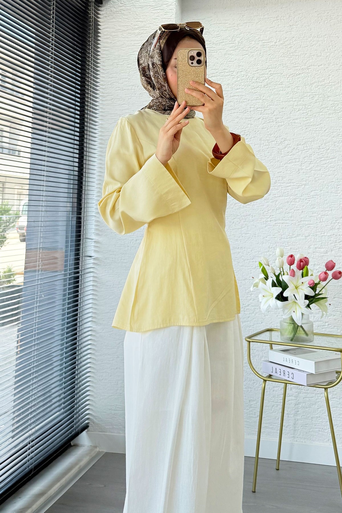 Premium Yandan Yırtmaç Detaylı Tunik - Sarı