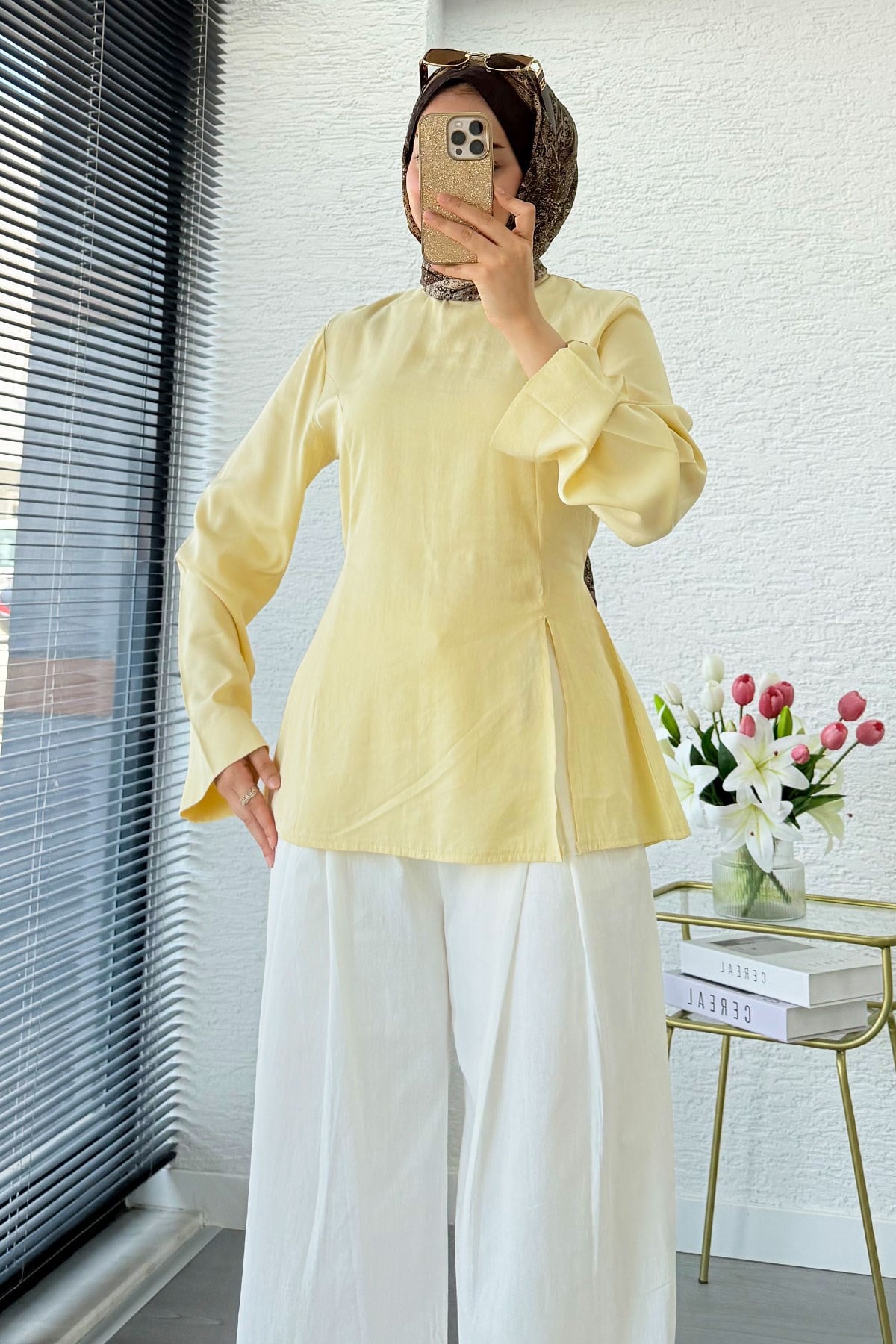 Premium Yandan Yırtmaç Detaylı Tunik - Sarı