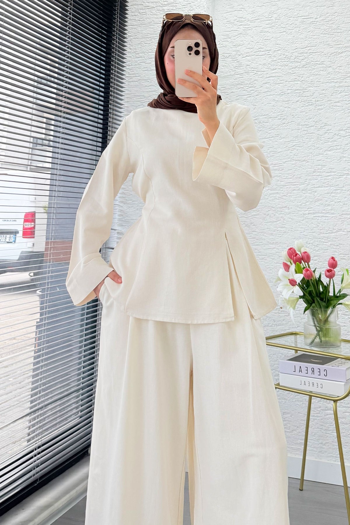 Premium Yandan Yırtmaçlı Arkadan Bağlamalı Keten Pantolon Takım - Naturel