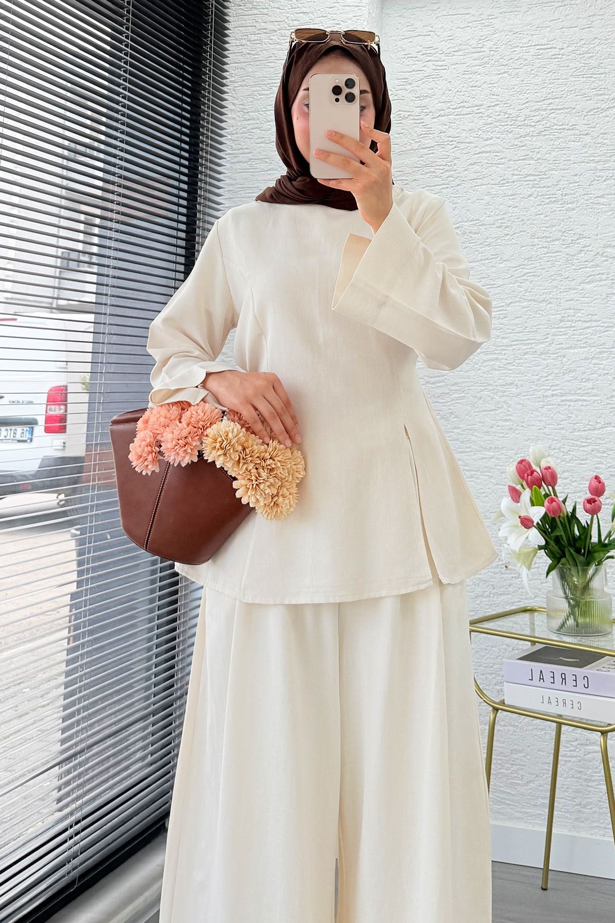 Premium Yandan Yırtmaçlı Arkadan Bağlamalı Keten Pantolon Takım - Naturel
