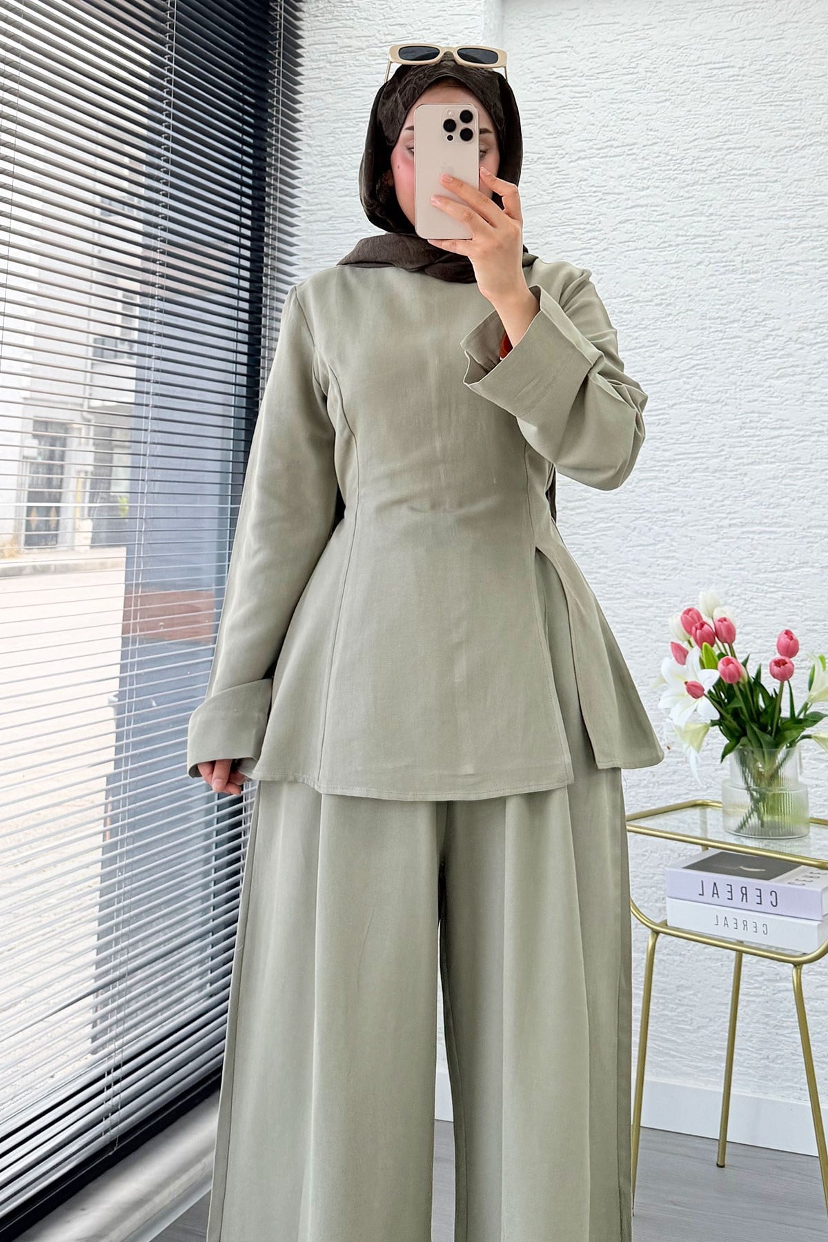 Premium Yandan Yırtmaçlı Arkadan Bağlamalı Keten Pantolon Takım - Çağla Yeşili