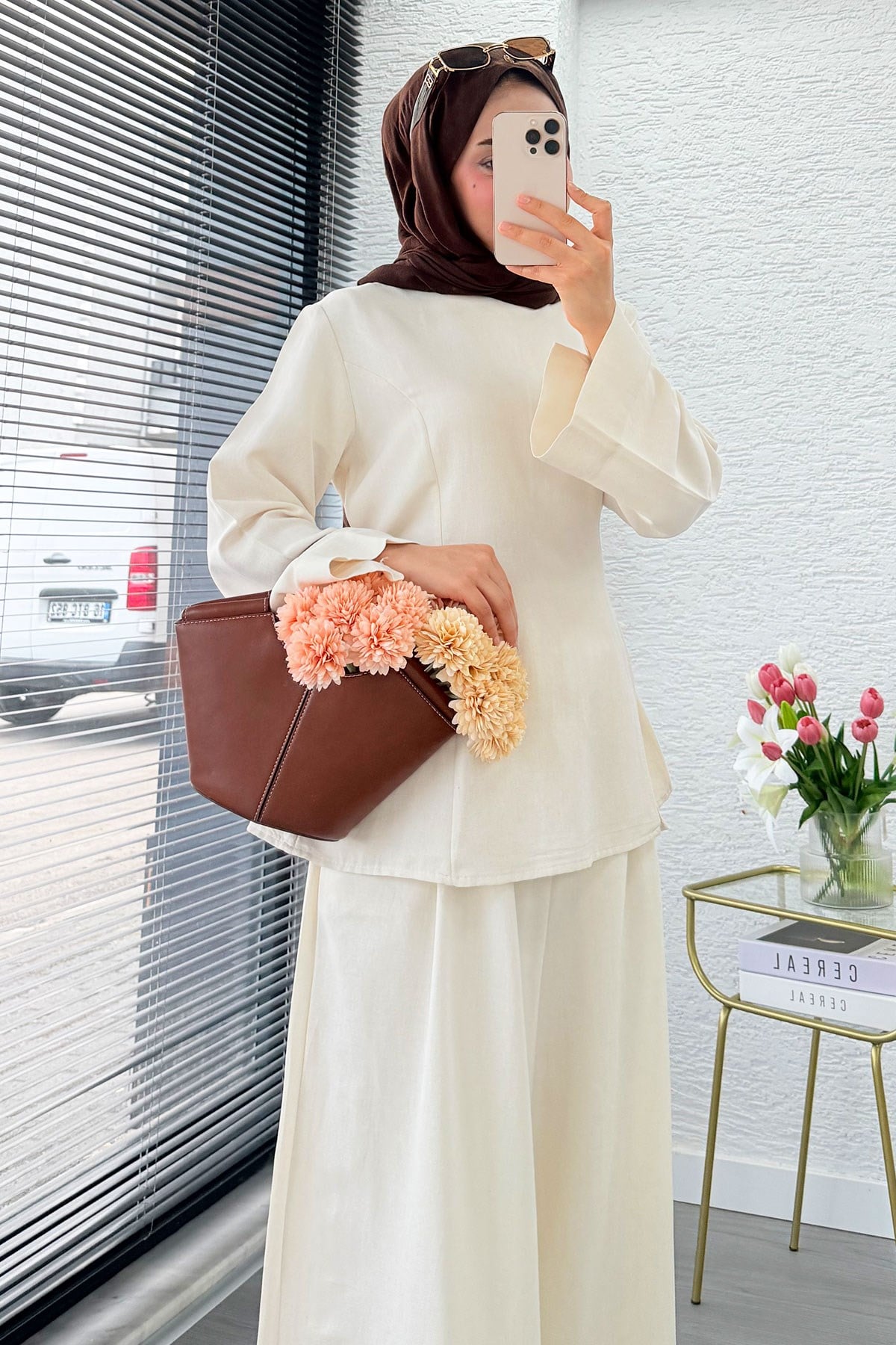 Premium Yandan Yırtmaçlı Arkadan Bağlamalı Keten Pantolon Takım - Naturel