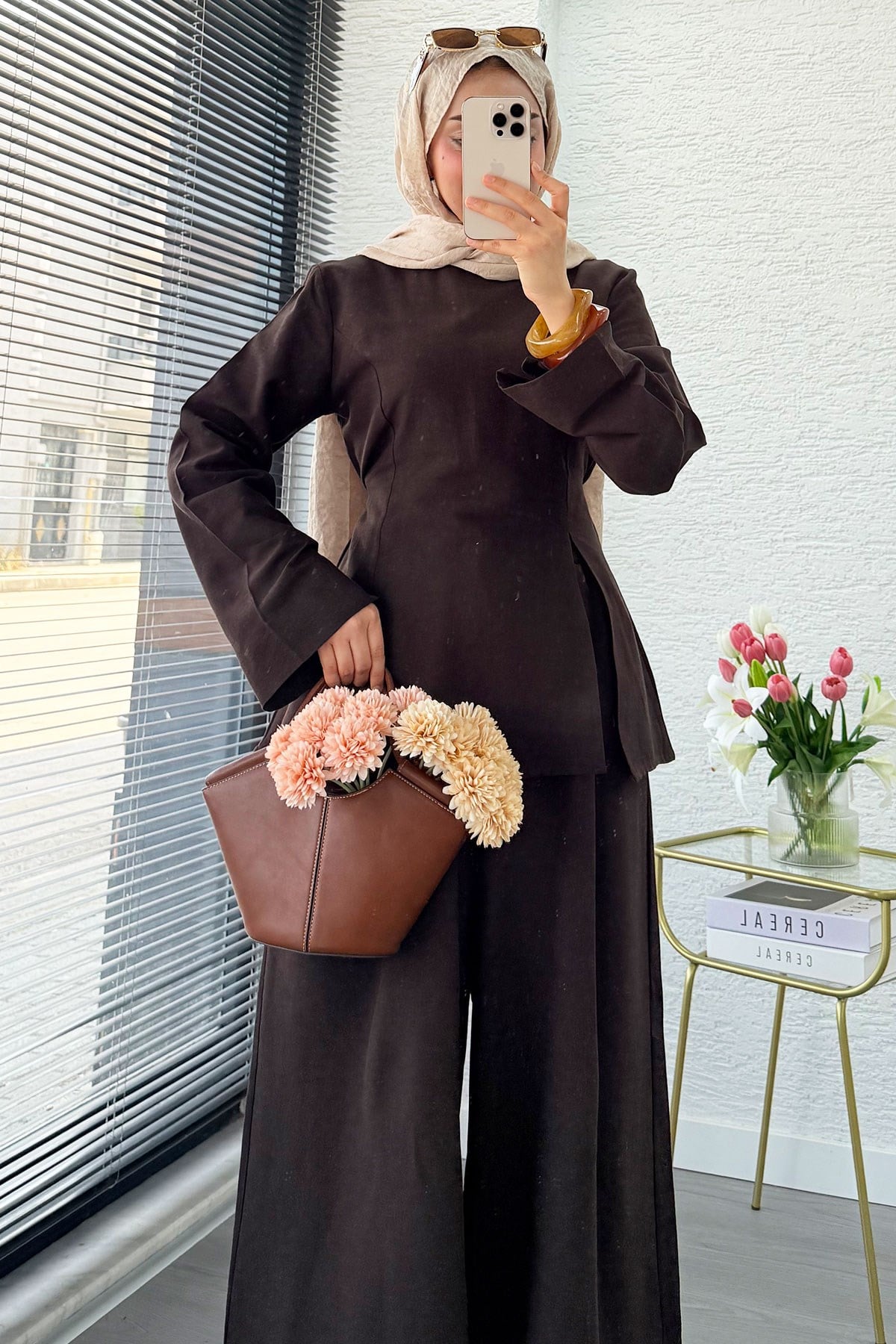 Premium Yandan Yırtmaçlı Arkadan Bağlamalı Keten Pantolon Takım - Kahverengi