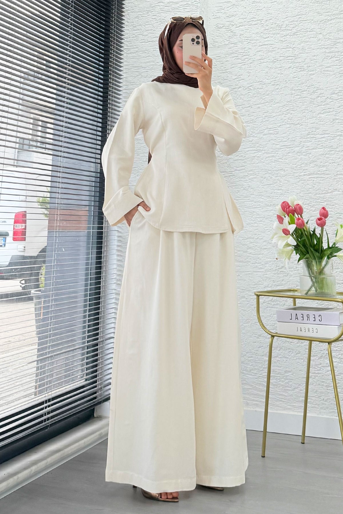 Premium Yandan Yırtmaçlı Arkadan Bağlamalı Keten Pantolon Takım - Naturel