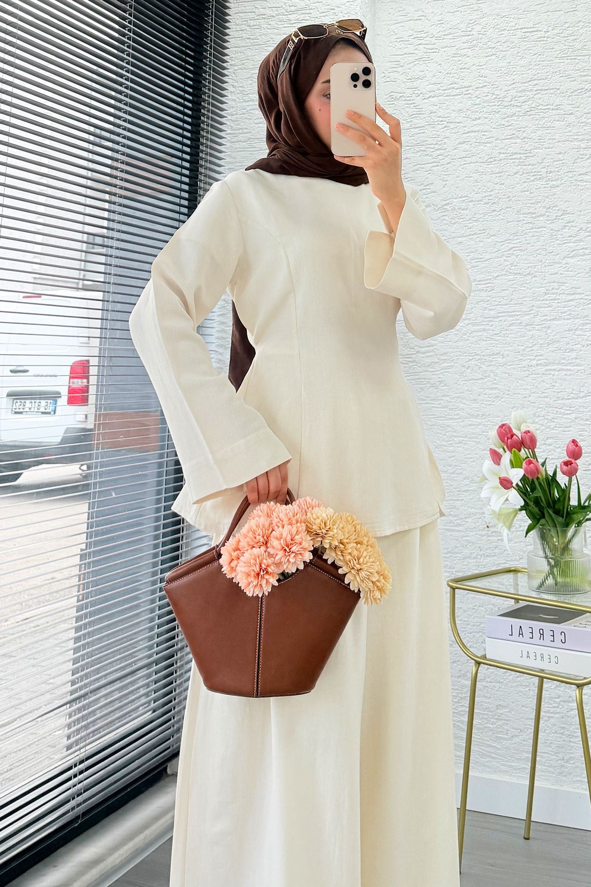 Premium Yandan Yırtmaçlı Arkadan Bağlamalı Keten Pantolon Takım - Naturel
