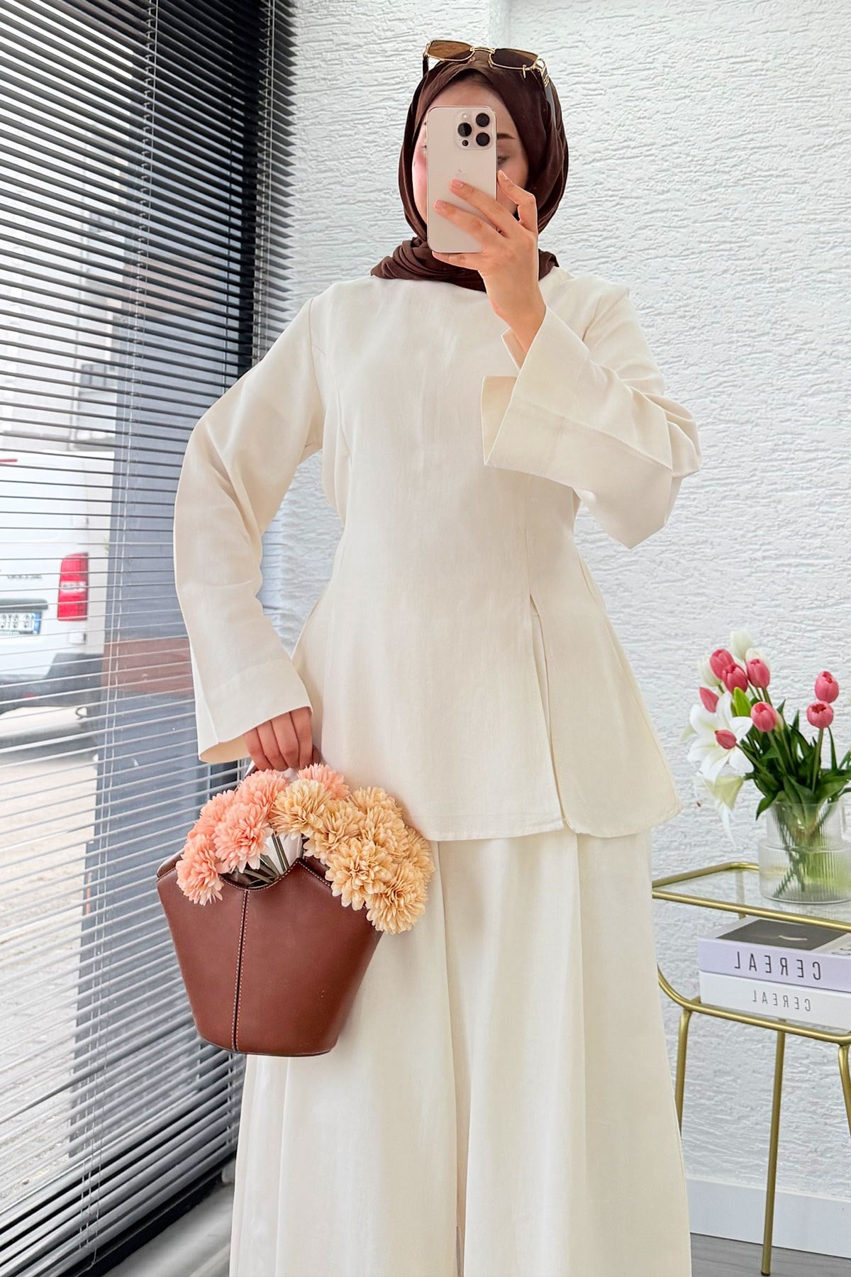 Premium Yandan Yırtmaçlı Arkadan Bağlamalı Keten Pantolon Takım - Naturel