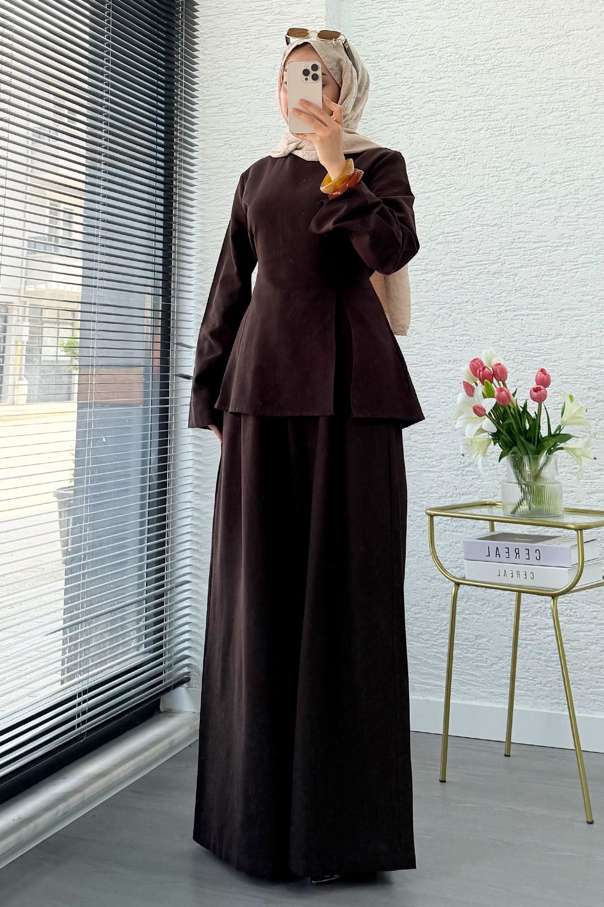 Premium Yandan Yırtmaçlı Arkadan Bağlamalı Keten Pantolon Takım - Kahverengi
