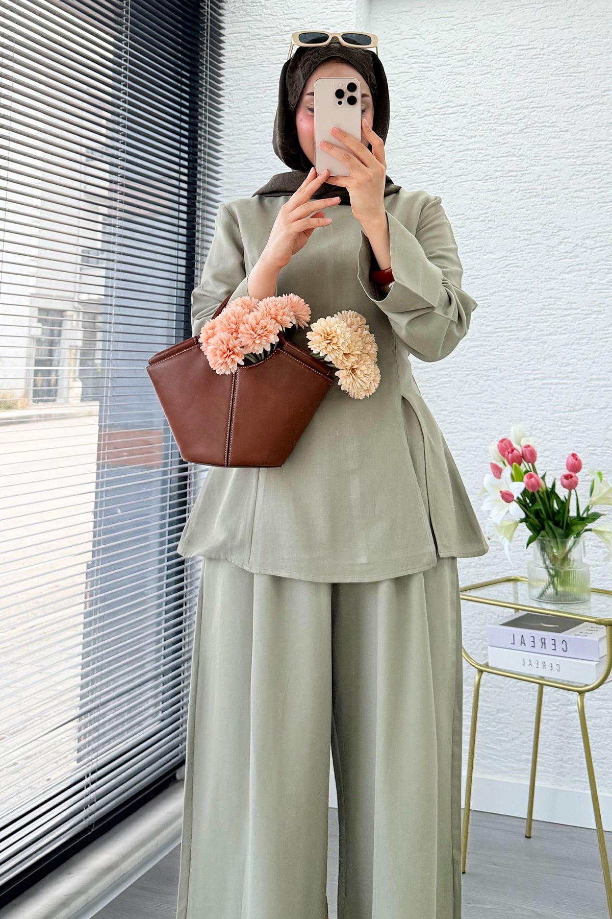 Premium Yandan Yırtmaçlı Arkadan Bağlamalı Keten Pantolon Takım - Çağla Yeşili