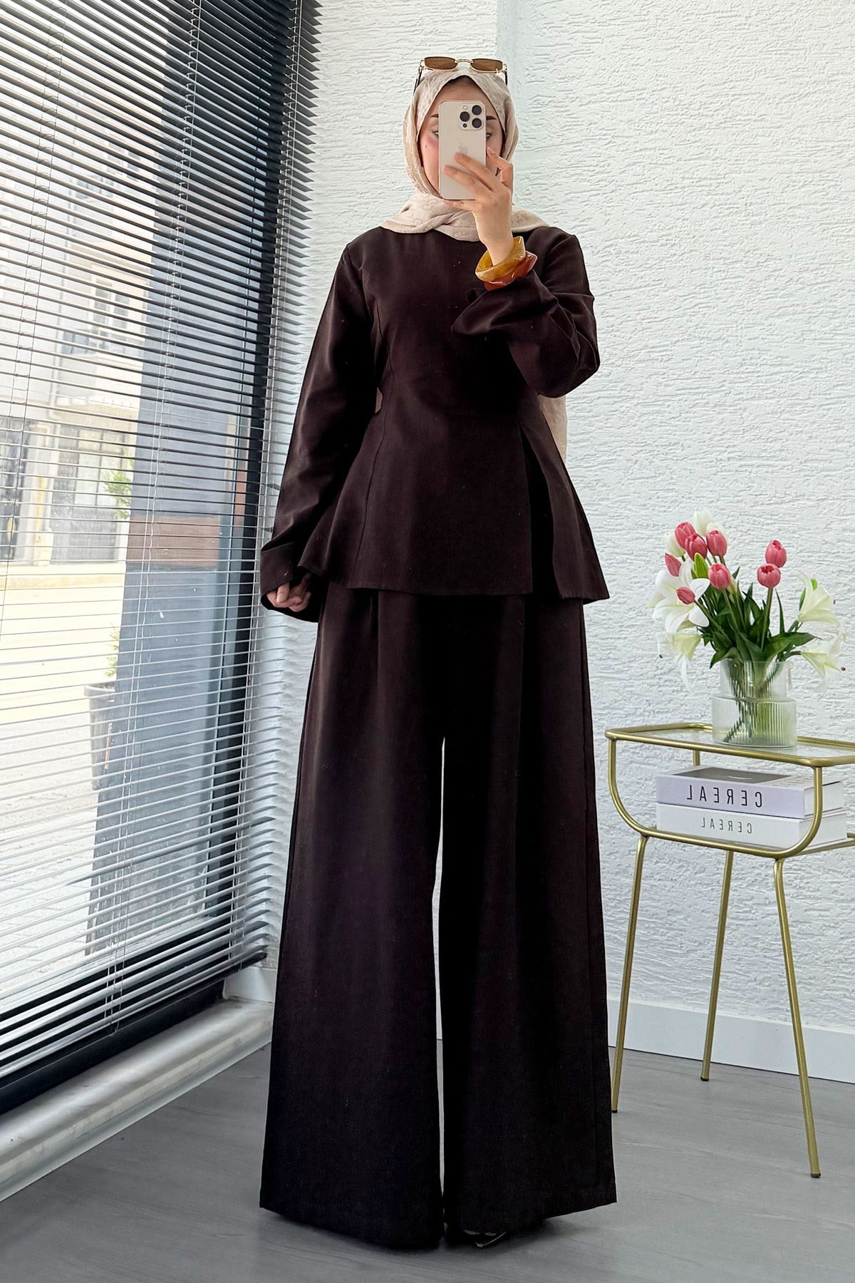 Premium Yandan Yırtmaçlı Arkadan Bağlamalı Keten Pantolon Takım - Kahverengi