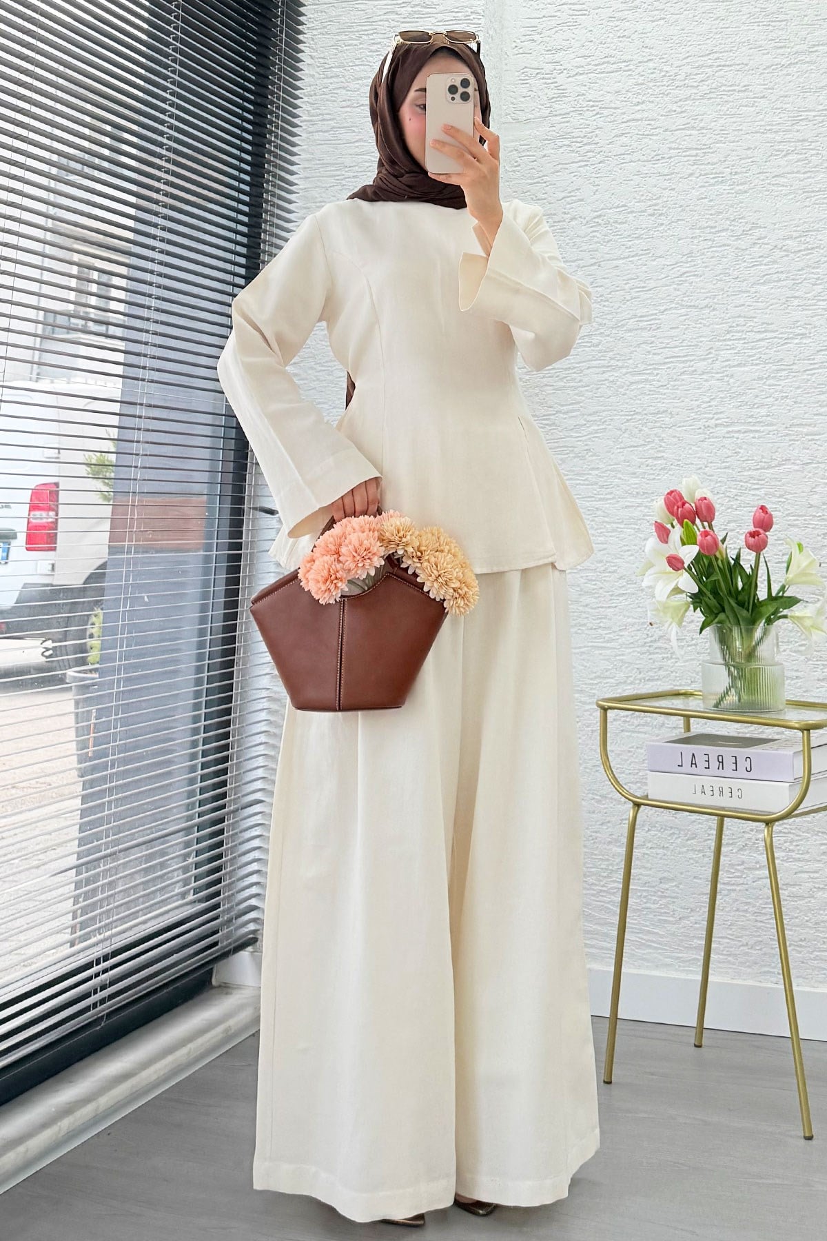 Premium Yandan Yırtmaçlı Arkadan Bağlamalı Keten Pantolon Takım - Naturel