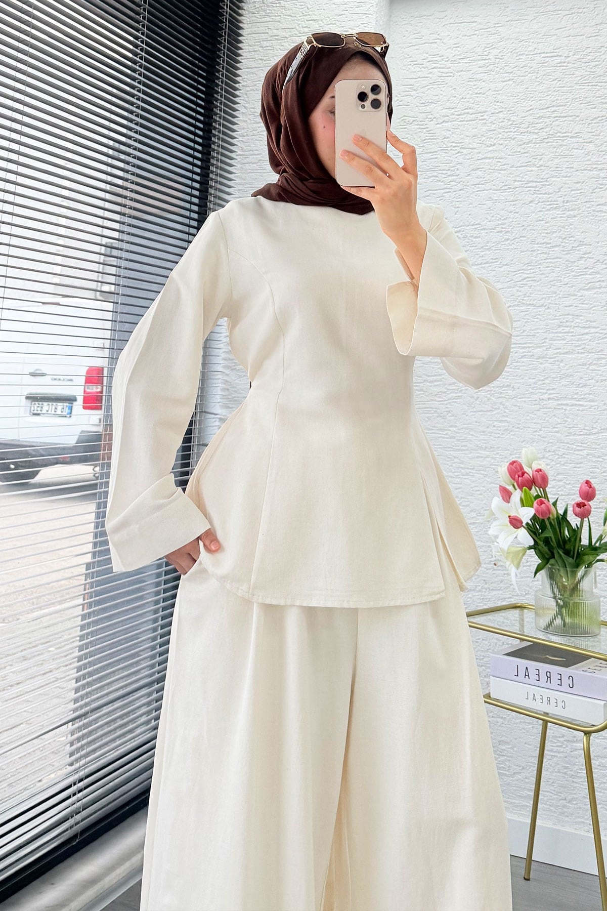 Premium Yandan Yırtmaçlı Arkadan Bağlamalı Keten Pantolon Takım - Naturel