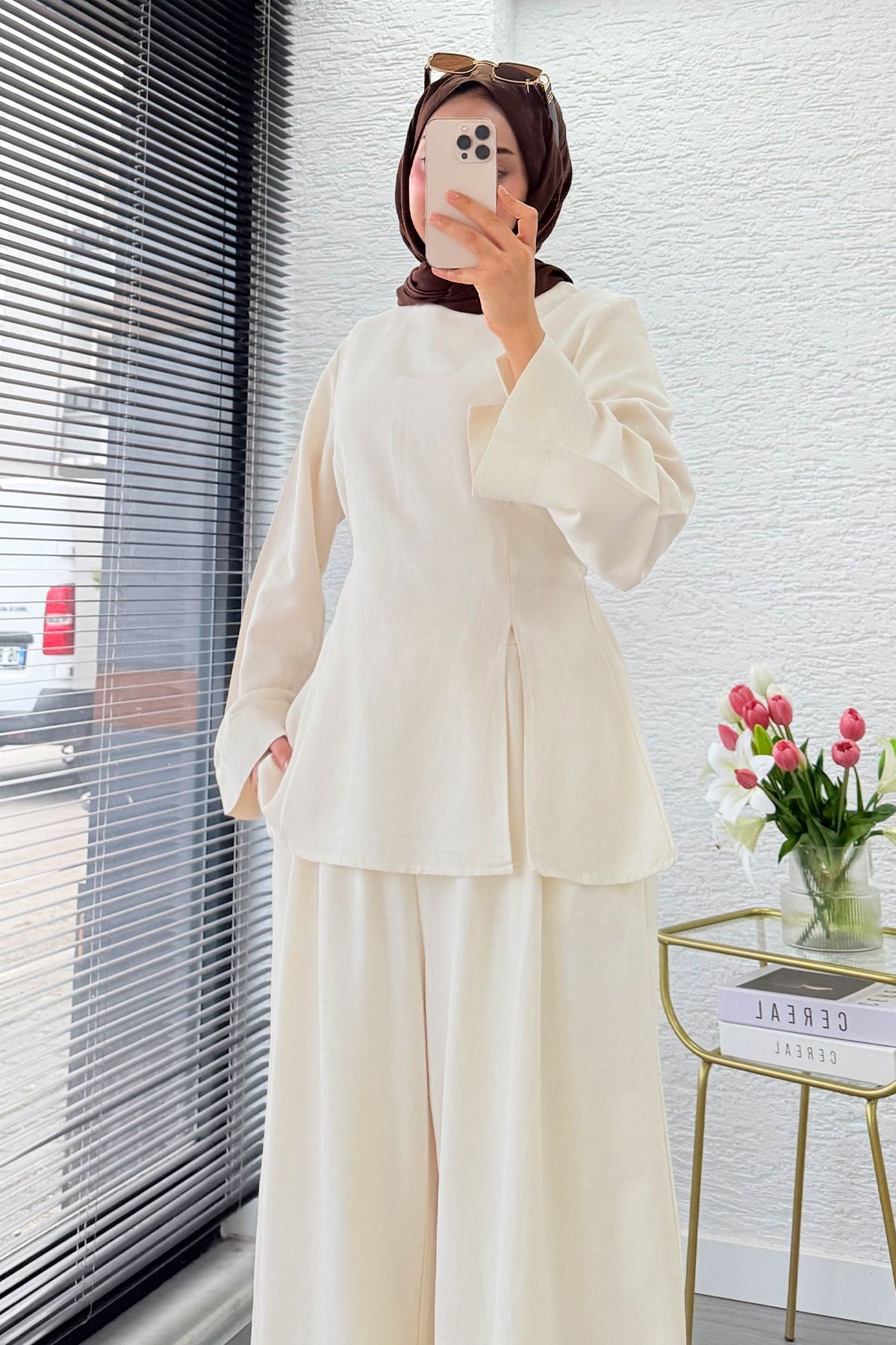 Premium Yandan Yırtmaçlı Arkadan Bağlamalı Keten Pantolon Takım - Naturel