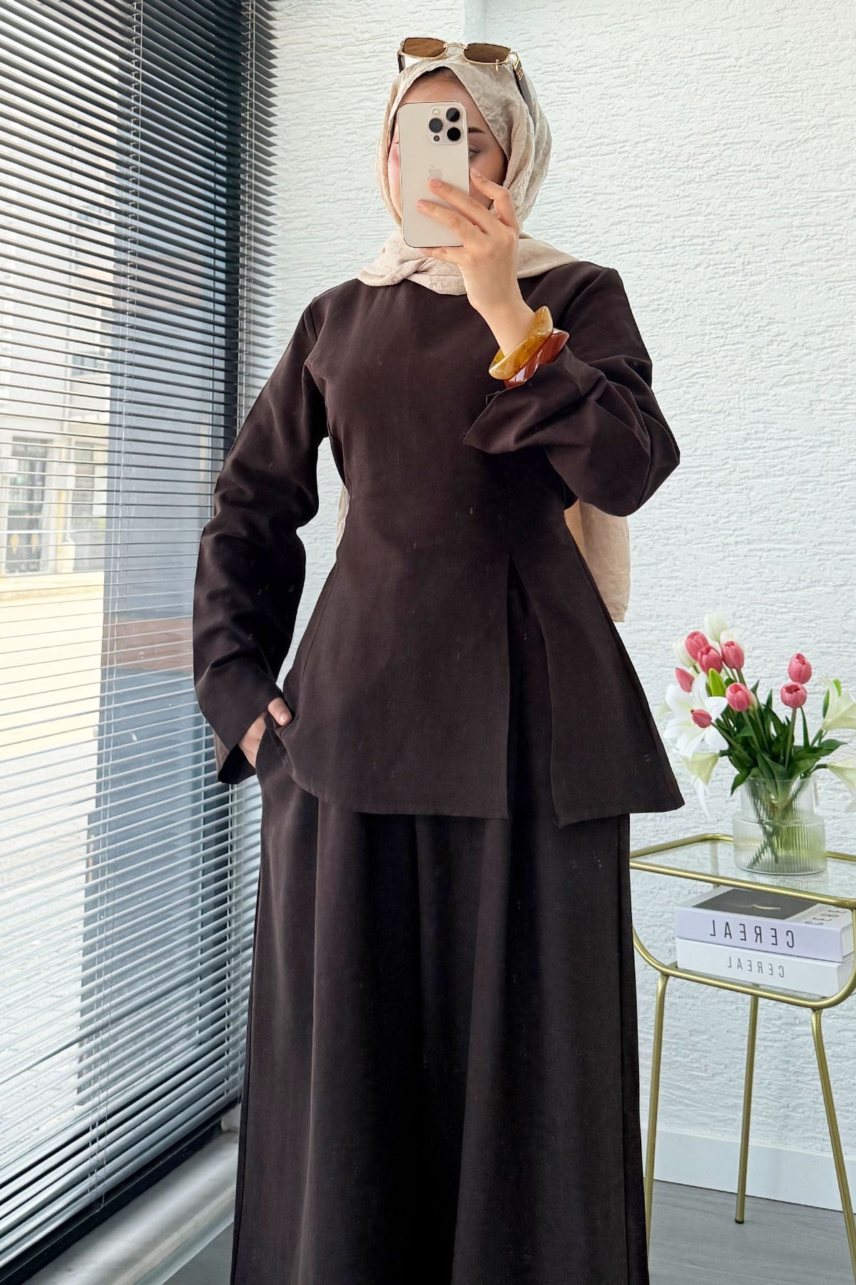 Premium Yandan Yırtmaçlı Arkadan Bağlamalı Keten Pantolon Takım - Kahverengi