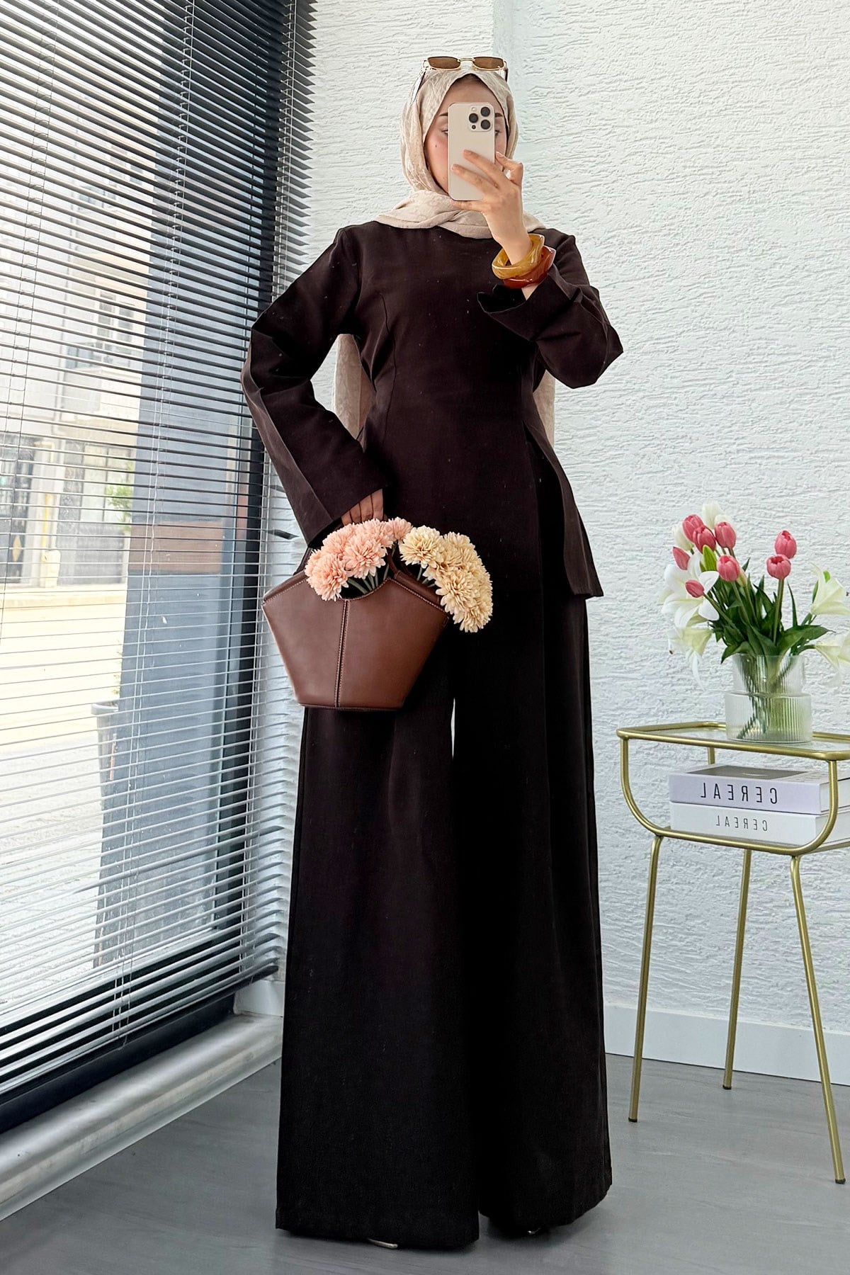 Premium Yandan Yırtmaçlı Arkadan Bağlamalı Keten Pantolon Takım - Kahverengi