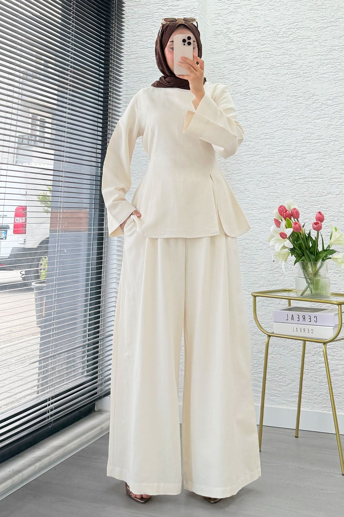 Premium Yandan Yırtmaçlı Arkadan Bağlamalı Keten Pantolon Takım - Naturel