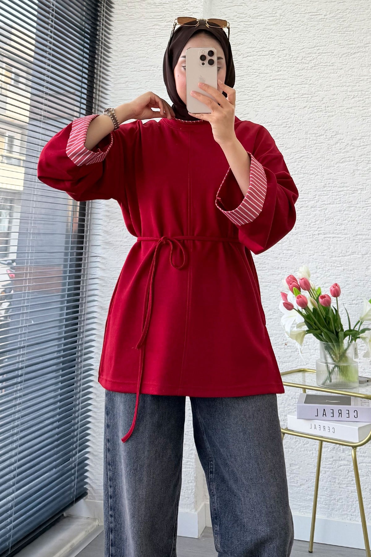 Premium Yandan Yırtmaçlı Belden Bağlamalı Bluz - Kırmızı