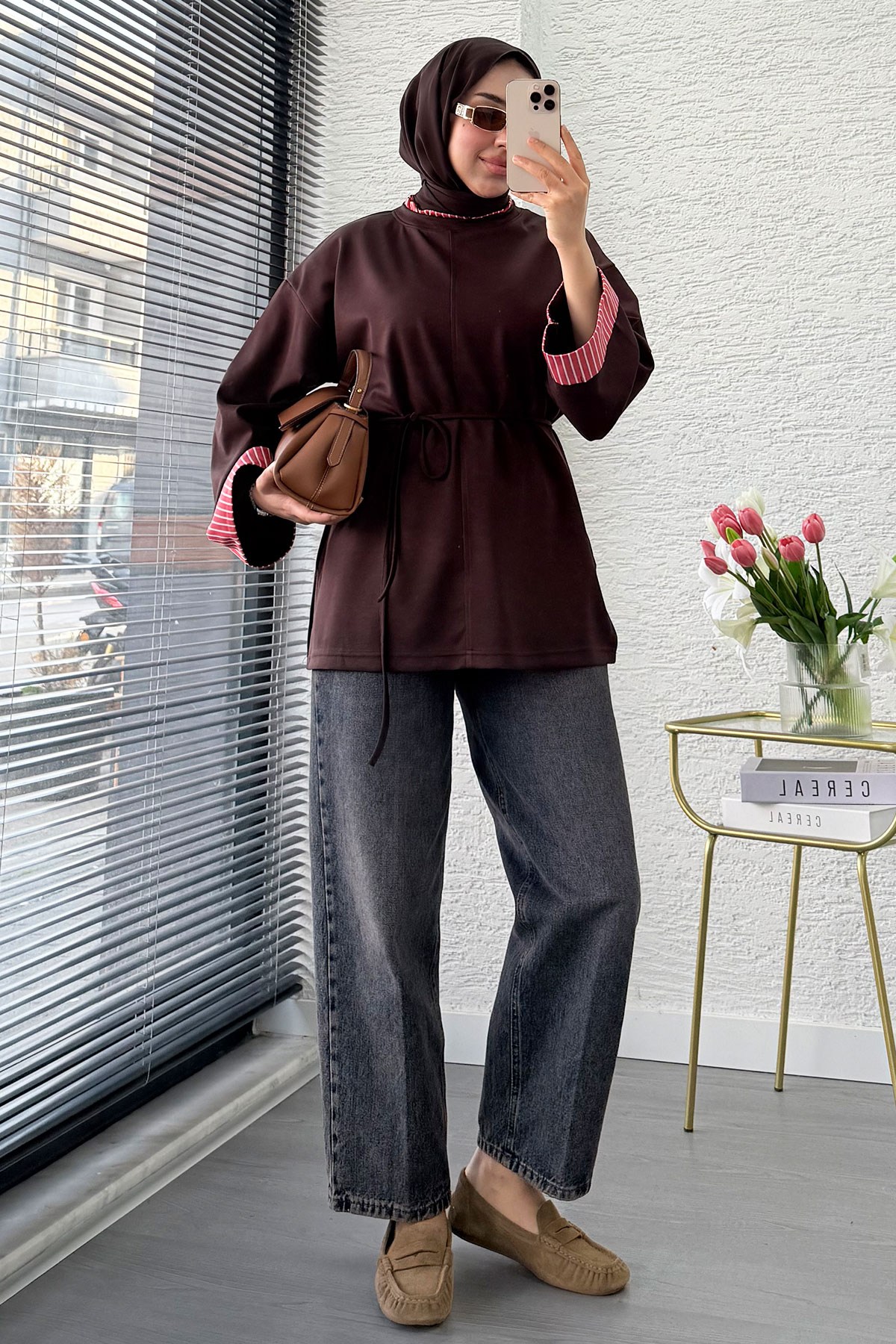 Premium Yandan Yırtmaçlı Belden Bağlamalı Bluz - Kahverengi