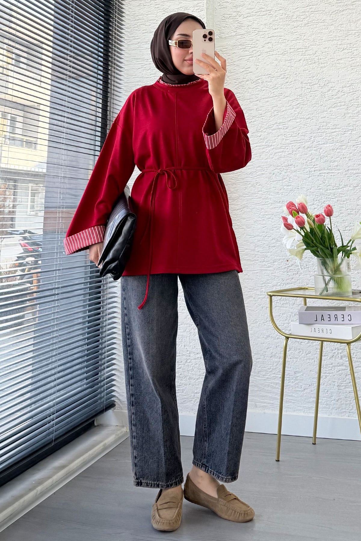 Premium Yandan Yırtmaçlı Belden Bağlamalı Bluz - Kırmızı
