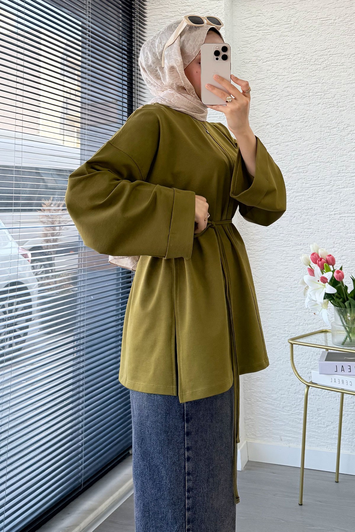 Premıum Yanları Yırtmaç Detaylı Basic Tunik - Yağ Yeşili
