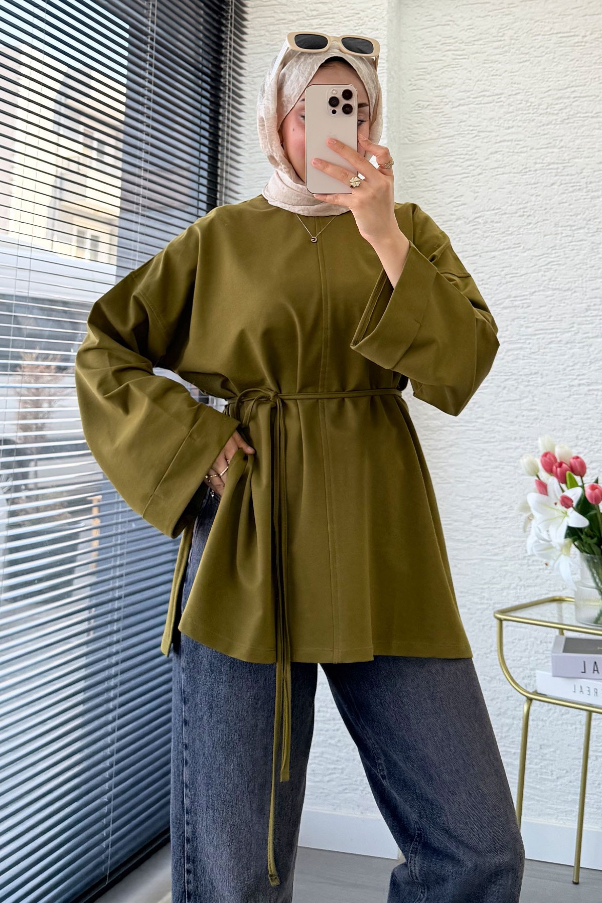 Premıum Yanları Yırtmaç Detaylı Basic Tunik - Yağ Yeşili