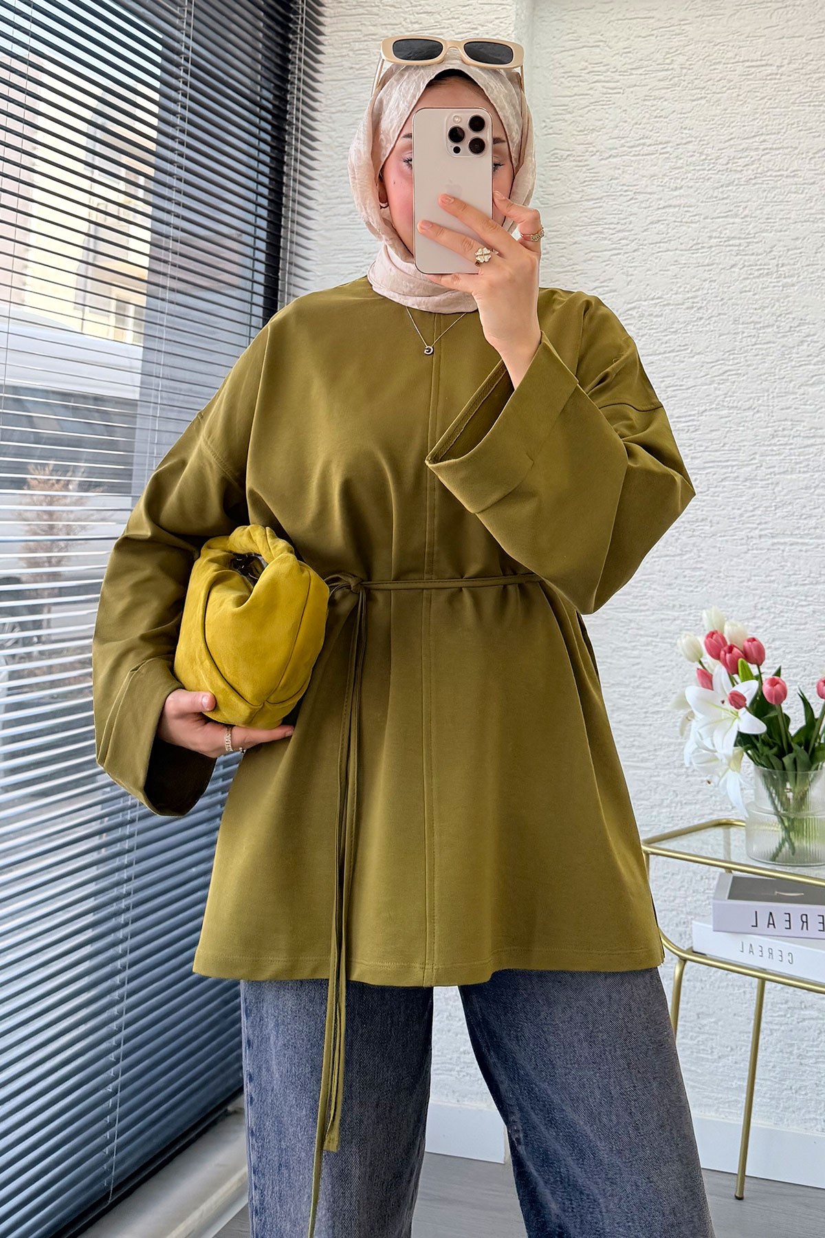 Premıum Yanları Yırtmaç Detaylı Basic Tunik - Yağ Yeşili