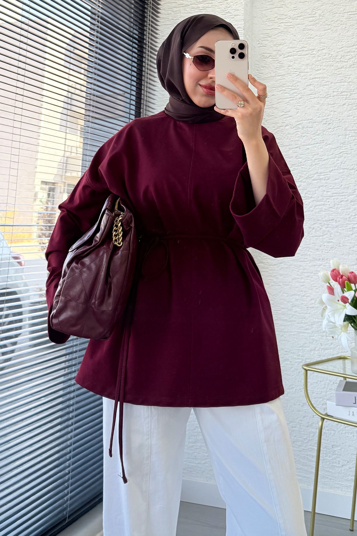 Premıum Yanları Yırtmaç Detaylı Basic Tunik - Bordo