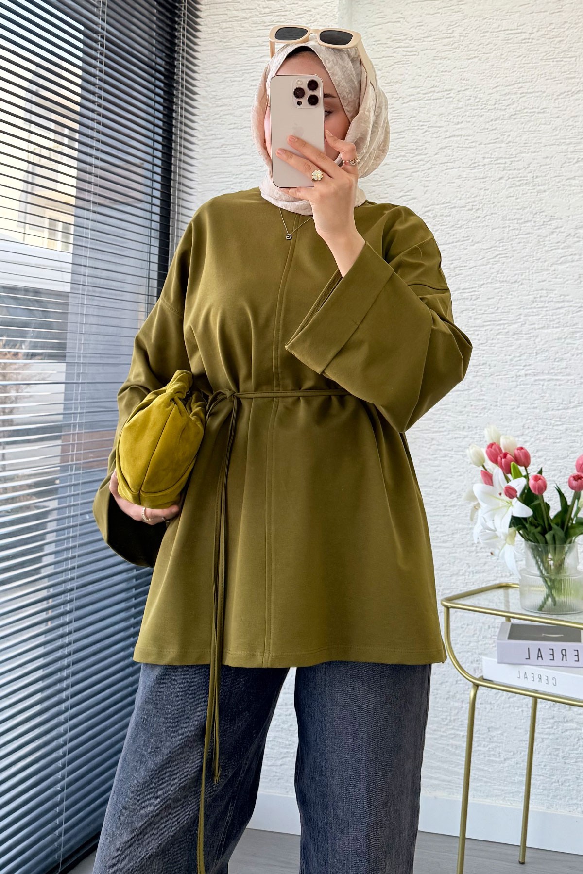 Premıum Yanları Yırtmaç Detaylı Basic Tunik - Yağ Yeşili