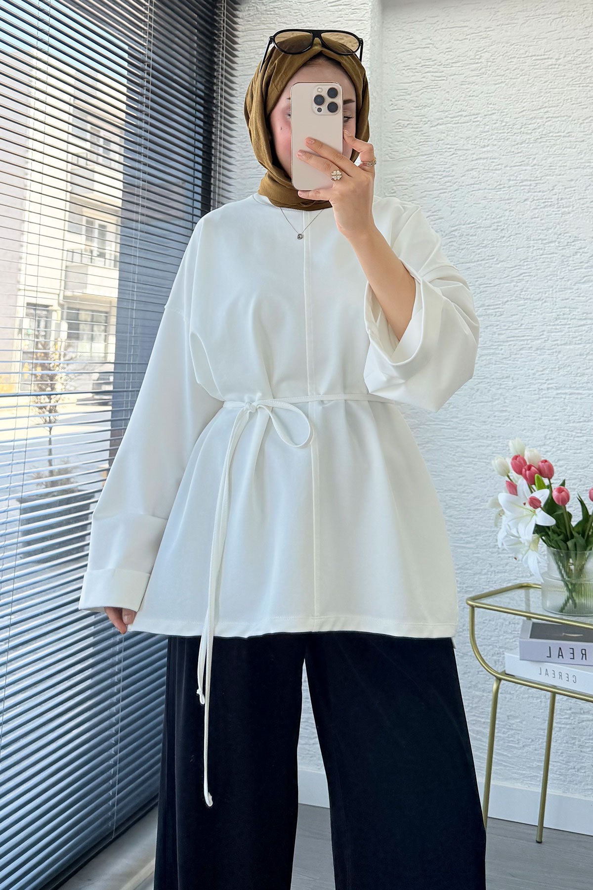 Premıum Yanları Yırtmaç Detaylı Basic Tunik - Ekru