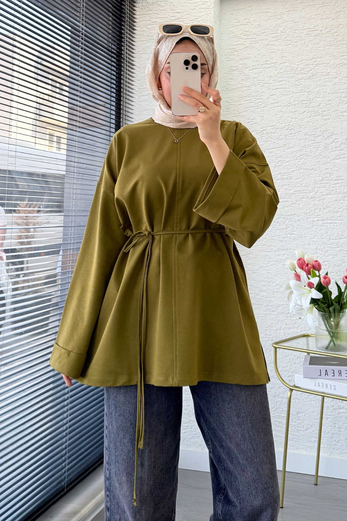 Premıum Yanları Yırtmaç Detaylı Basic Tunik - Yağ Yeşili