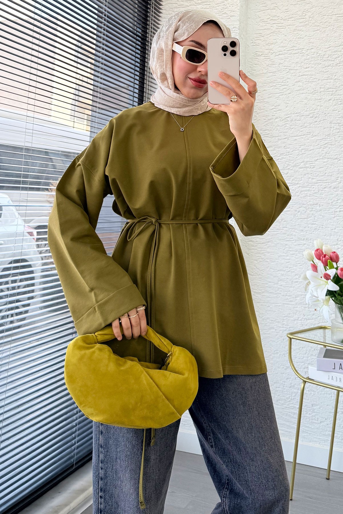 Premıum Yanları Yırtmaç Detaylı Basic Tunik - Yağ Yeşili