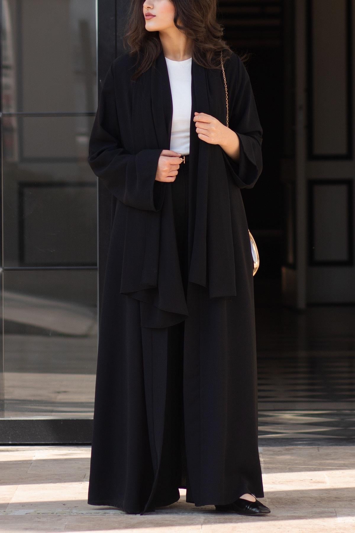 Premium Yaprak Desenli Abaya-Siyah