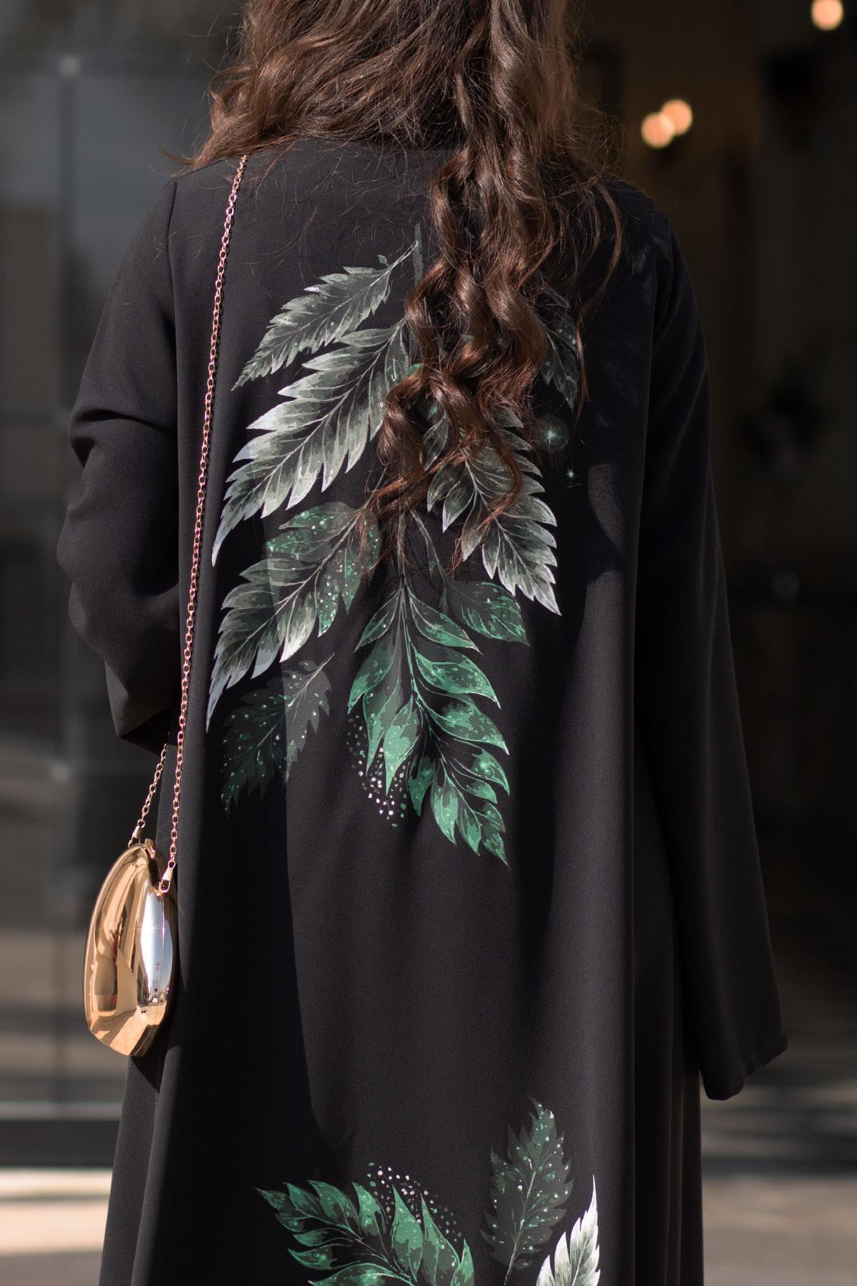 Premium Yaprak Desenli Abaya-Siyah