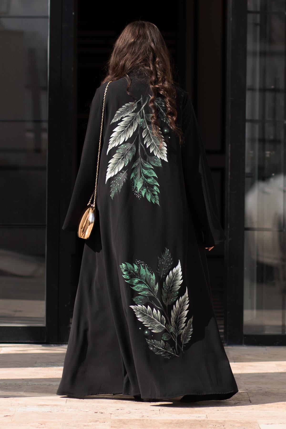 Premium Yaprak Desenli Abaya-Siyah