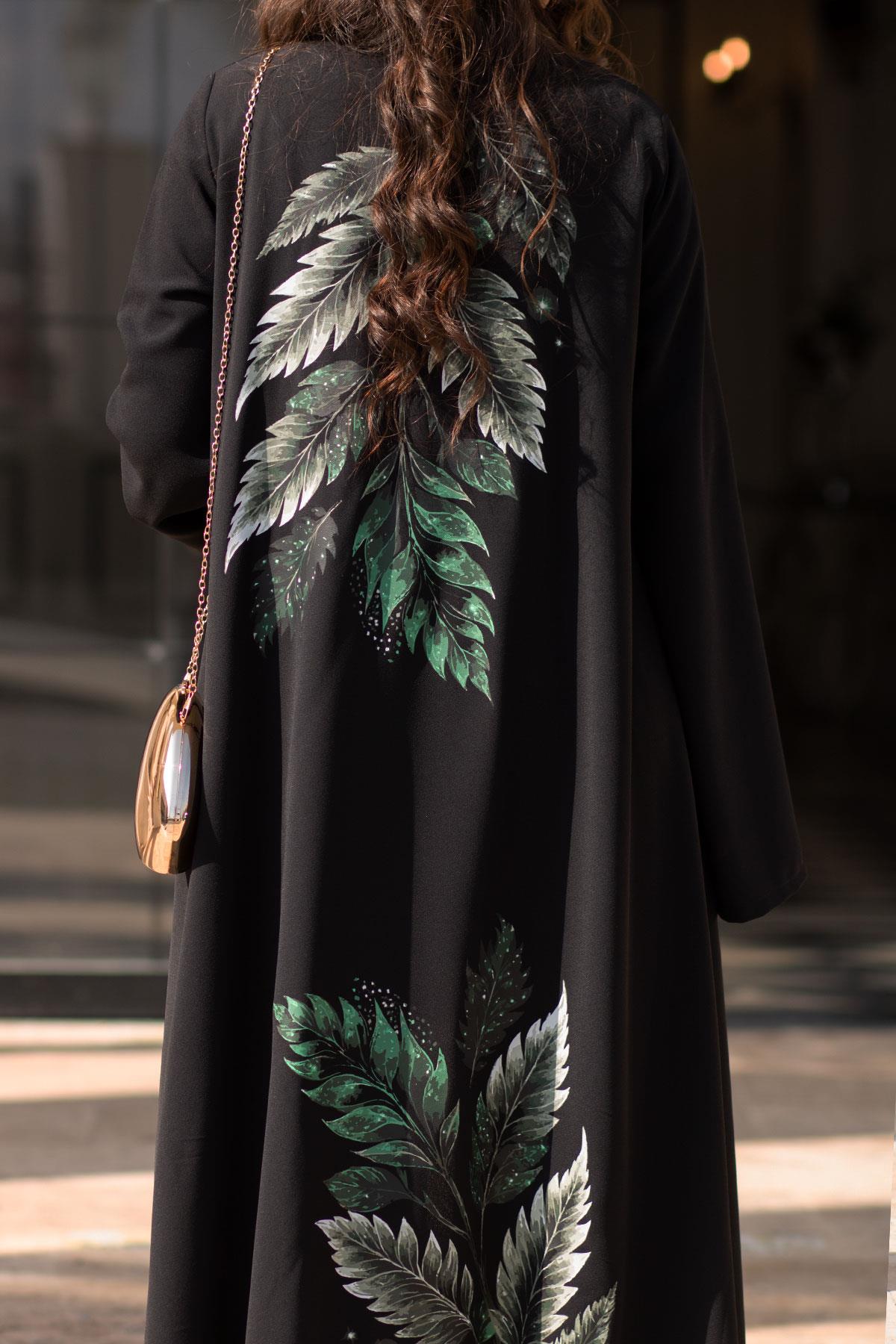 Premium Yaprak Desenli Abaya-Siyah