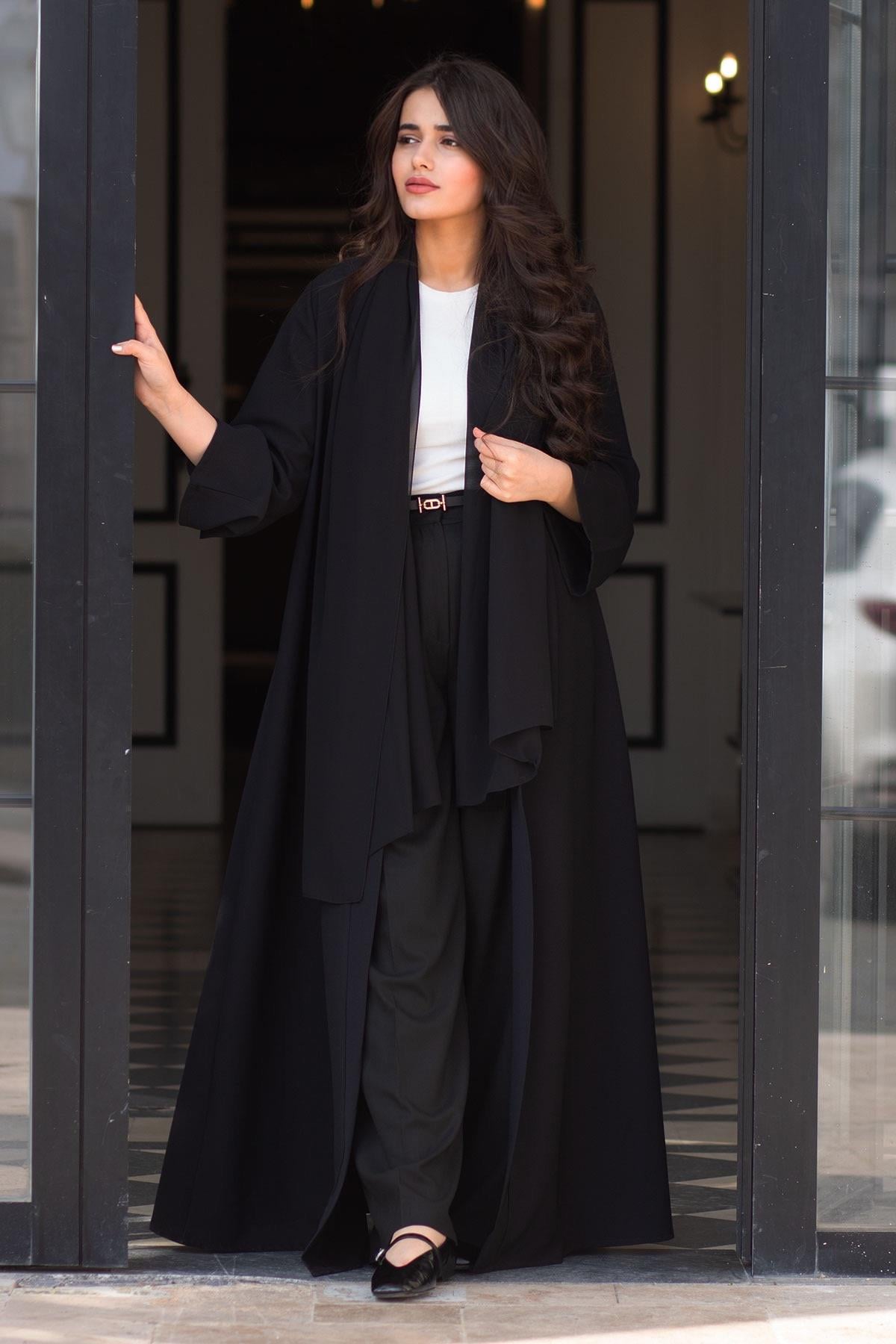 Premium Yaprak Desenli Abaya-Siyah