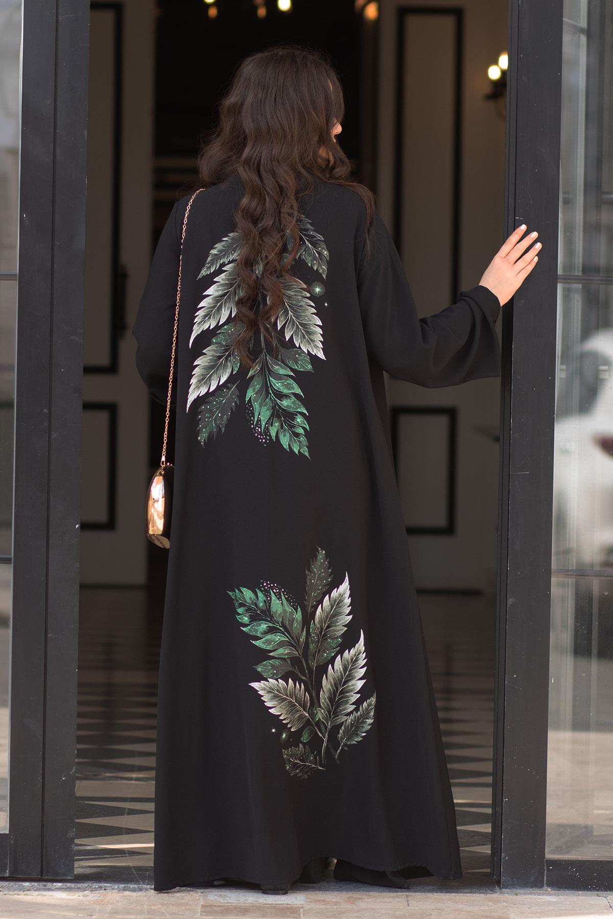 Premium Yaprak Desenli Abaya-Siyah